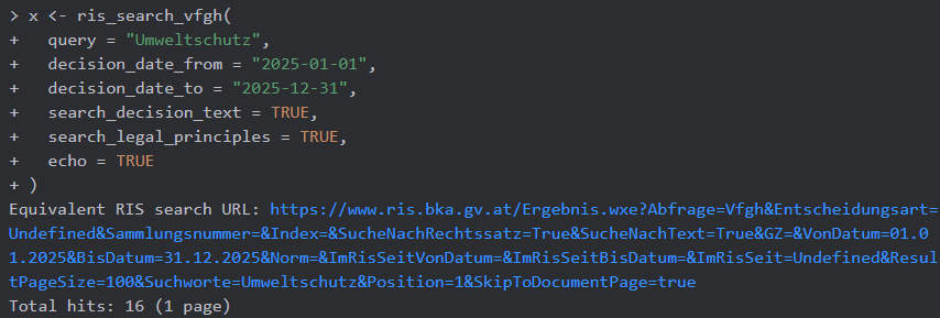 Console output of a {risAT} search call with echo = TRUE, showing the equivalent RIS web search URL and the number of returned rows.